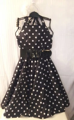 1950's Outfit Halter Sun Dress Black White Polka Dots Flower Hair Band Braclet - Image 1 of 4