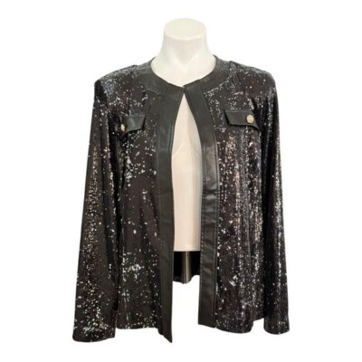 MING WANG Open Front Sequin Vegan Leather Jacket Black Size M NEW - Image 1 of 4