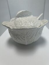 WHITE MAJOLICA CABBAGE LEAF TUREEN WITH LID AND LADLE - Made In Portugal