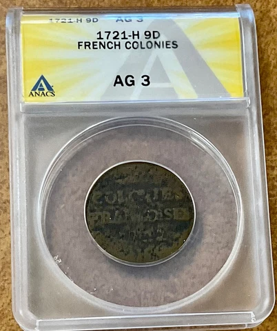 1721 H French Colonies Copper 9 Deniers  US COLONIAL Cover
