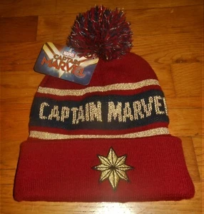 Captain Marvel Woven Striped Pom Pom Knit Hat Cap Winter Beanie - Picture 1 of 3