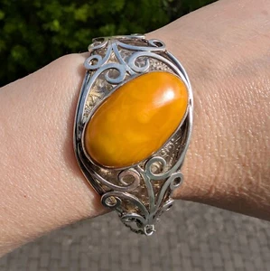 Large vintage natural amber bracelet bangle 925 silver egg yolk butterscotch 33g - Picture 1 of 23