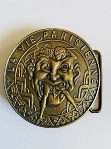 Heavy Vintage Brass La Vie Parisienne Belt Buckle Dancer & Theatre Drama Mask - Picture 1 of 2