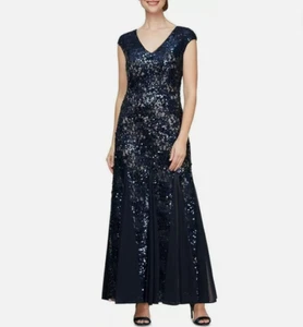 Alex Evenings Navy Nude Lace Sequin Cap Sleeve Mother Bride Long Dress Size 10 - Picture 1 of 3