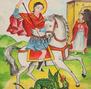 Contemporary gouache religious painting St. George signed - Picture 1 of 13