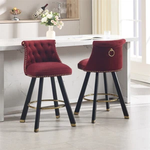 Set of 2 Swivel Bar Chairs Velvet Upholstered Kitchen Pub w/Rivet Decoration-Red - Picture 1 of 23