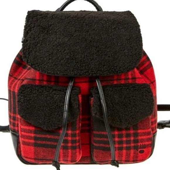BEARPAW Faux Shearling Trim Drawstring Backpack - Red Buffalo Plaid