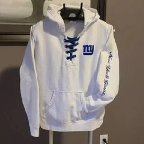Womens New York Giants Hoodie. White/Blue tie front. Medium Cover