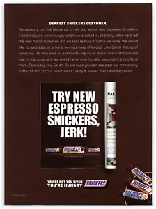 Anuncio impreso Snickers 2016 espresso ardiente salado y dulce jerk carta de disculpa cliente - Imagen 1 de 1