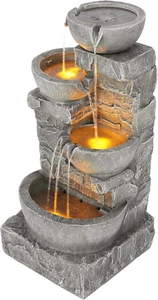 33.25 In. Cascading Bowls and Stacked Stones LED Outdoor Water Fountain for Gard - Picture 1 of 12