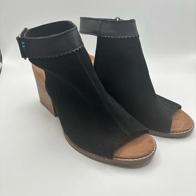 TOMS Granada 黑色麂皮绒楔形凉鞋踝带粗跟女式 8 码 — 第 1/4 张图片