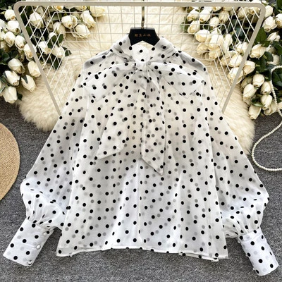 Camicia Maglia Blusa Donna Camicetta Bianco Trasparente Pois Morbida Raso 35145 - Immagine 1 di 3