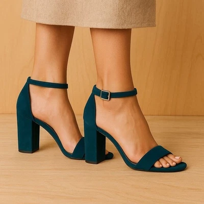 Worthington Teal Block Heel Sandals 9M Open Toe Ankle Strap Suede Dress Shoes - Image 1 of 4