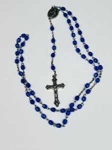 Vintage  Rosary Necklace Blue Beads Silver Tone Rosary  St Therese Religious - Picture 1 of 10