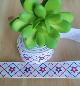 7/8 Inch (1 YD) Patriotic Grosgrain Ribbon, Blue Red Stars Stipes 4th of July - Picture 1 of 2
