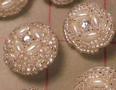 12 Vintage Hand Beaded Bridal Button Rhinestone Center 4Oval & Seed Beads Silver - Image 1 of 4