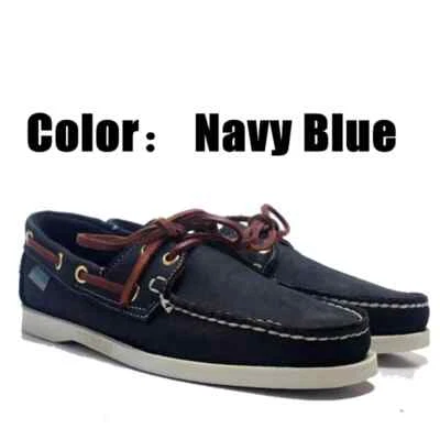 Hombres Cuero Genuino Clásico Zapatos de Barco Azul Marino Mocasín Informal Botas de Tabla Foto 1 de 4