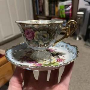 Rare Superb floral Iridescent Blue/White/pink Gilt Cup &Saucer, Floral Japan - Picture 1 of 11
