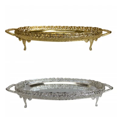 SILVER GOLD PLATED OVAL SERVING TRAY PLATE GALLERY PLATTER PAANDAN WITH HANDLES  - Image 1 of 4