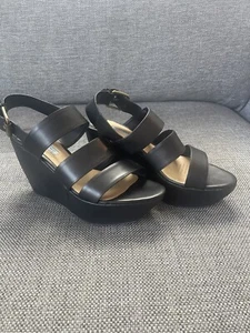 Tony Bianco Black Leather Wedge Heels Straps Size 9.5 Womens LikeNEW Gold Buckle - Picture 1 of 9