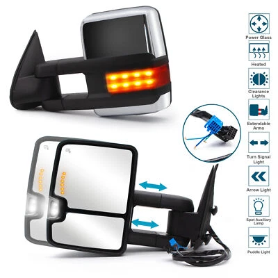 Par de retrovisores de reboque sinal LED aquecido a energia compatível com 2003-06 Chevy Suburban 2500 cromado - Imagem 1 de 4