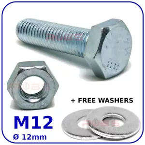 BOLTS AND NUTS M12 (12mm) FULLY THREADED SCREWS SETSCREWS ZINC FREE WASHERS - Picture 1 of 4