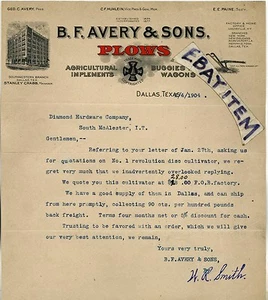 LETTERHEAD B F Avery & Sons 1904 Arados Dallas Texas Stanley Crabb HUHLEIN PAINE - Imagen 1 de 1