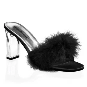 Pleaser USA Romance-301F Black Satin Marabou Slide IN-STOCK
