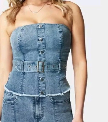 BEBE Cinturón Botón Frontal Denim Bustier Talla XS NUEVO CON ETIQUETAS Azul Jean Elástico $98 Foto 1 de 4