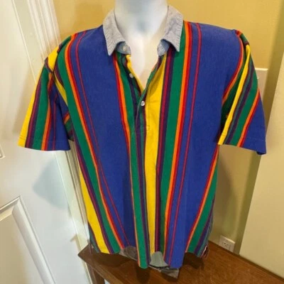 Ruff Hewn Shirt Mens M USA Made Vibrant Striped Cotton Polo Chambray Collar - Image 1 of 4