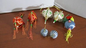 Set of 7 VINTAGE Small FANCY SILK BALL ORNAMENTS ~Pinatas, Beaded & Sequins - Picture 1 of 5