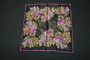 VTG Ellen Tracy Silk Scarf Black Pink Purple Flower Hand Rolled Edges 34" - Picture 1 of 4