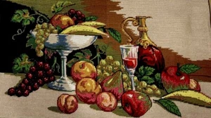 European Vintage Handmade Fruit bowl, wine glass & jugTapestry, unframed. Rare! - Picture 1 of 17