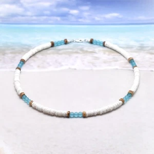 Charm Natural White Shell Blue Crystal Beads Necklace for Men Women Surf Choker - Picture 1 of 8