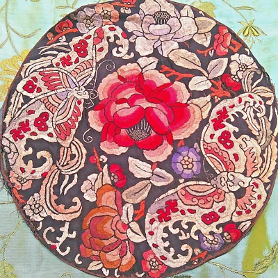 Antiguo bordado chino vintage 11 por 12 redondo peonía y mariposas Foto 1 de 4