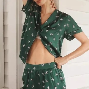 Anthropologie Damen Pyjama Set Gr. XS Grün Satin Hundedruck Kurzarm Shorts - Bild 1 von 9