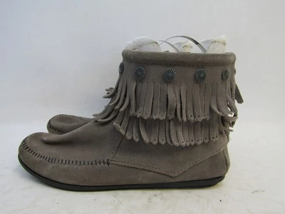 Minnetonka Womens Size 9.5 Gray Suede Fringe Ankle Moccasins Bootie - Image 1 of 4