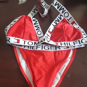 Tommy Hilfiger Two-Piece Swimsuit Red XLg with Logo Banding Bikini Top & Bottom - Picture 1 of 1