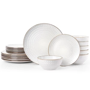 Eden Plates and Bowls Sets, Stoneware Dinnerware Sets with Gold Trim, 18 Piec... - Picture 1 of 7