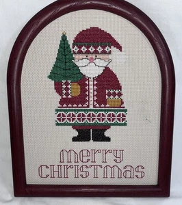 Handmade Cross-Stitch Santa “Merry Christmas” Wall Hanging In Arched Wood Frame - Picture 1 of 8