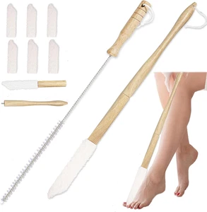 Long Handle Foot Brush, Wooden Shower Brush with Reusable Soft Drying Covers, Ha - Picture 1 of 12