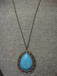 Necklace & Pear Shaped Large Turquoise Pendant Very Long 36+" Chain Western - Picture 1 of 11