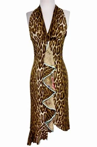 vtg yigal azrouel dress leopard print midi ruffle sleeveless bodycon v-neck sz 2 - Picture 1 of 7