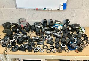 Large Job Lot of Mixed Film Cameras, Lenses, Flash etc...inc Nikon Canon Olympus