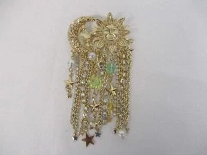 SIGNED KIRKS FOLLY SUN MOON & STARS with CHAIN DANGLE & CRYSTALS BROOCH PIN - Picture 1 of 4