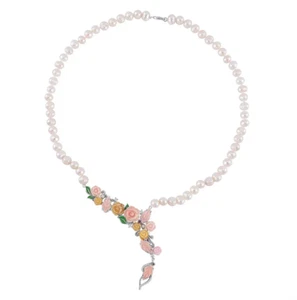 Mother of Pearl Fresh Water Pearl and Multi Gemstones Necklace in Rhodium Silver - Picture 1 of 5