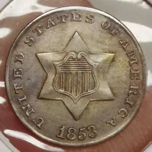 1853 Three Cent Silver, Choice Almost Uncirculated, High Grade Type Coin -01 - Picture 1 of 5