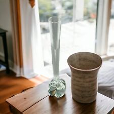 ART GLASS Clear Fluted Bud Vase 9.5” Thick Swirl Heavy Bottom Base Few Bubbles