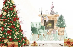 Christmas Fireplace Xmas Sticker Removable Wall Fabric Decal Set Decor - Bild 1 von 10