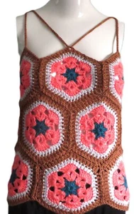 New Handmade Crochet Size L (36 Inches) Brown African Flower Hexagon Blouse Tops - Picture 1 of 4